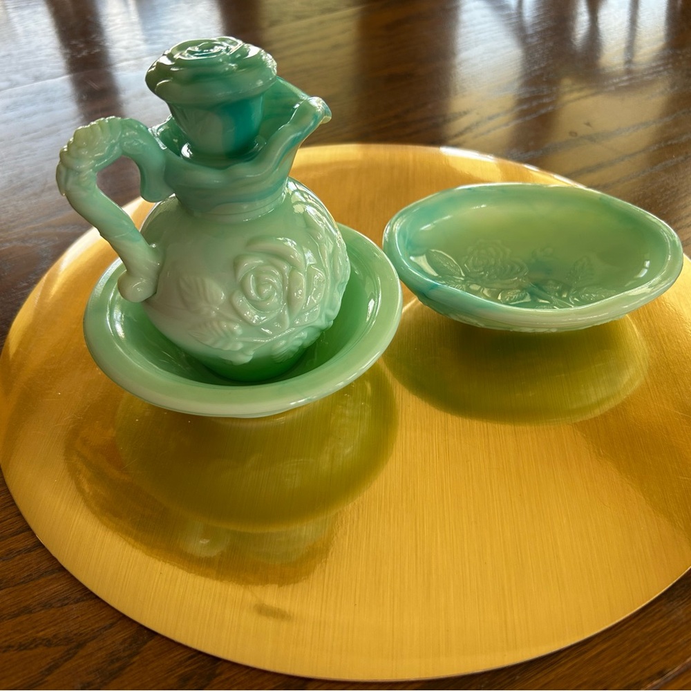 Vintage Green Glass Vanity Set by Avon 1978